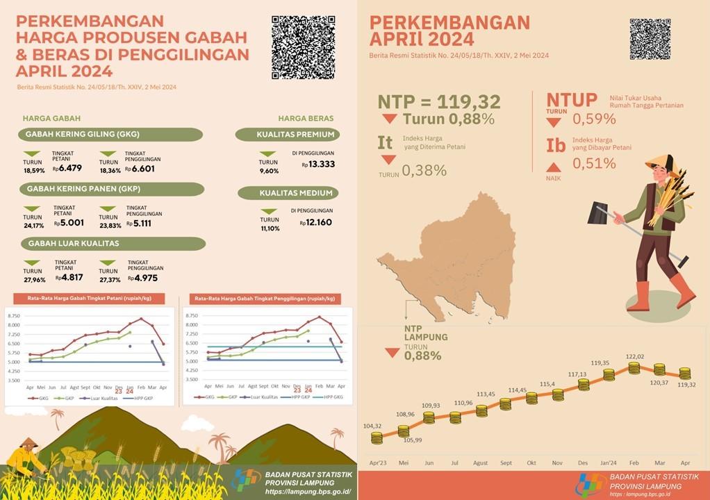 Lampung Province's NTP in April 2024 was 119.32 or an decrease of 0,88 percent. GKP prices at farmer level decrease 24,17 percent and premium rice prices at mills decrease 9,60 percent