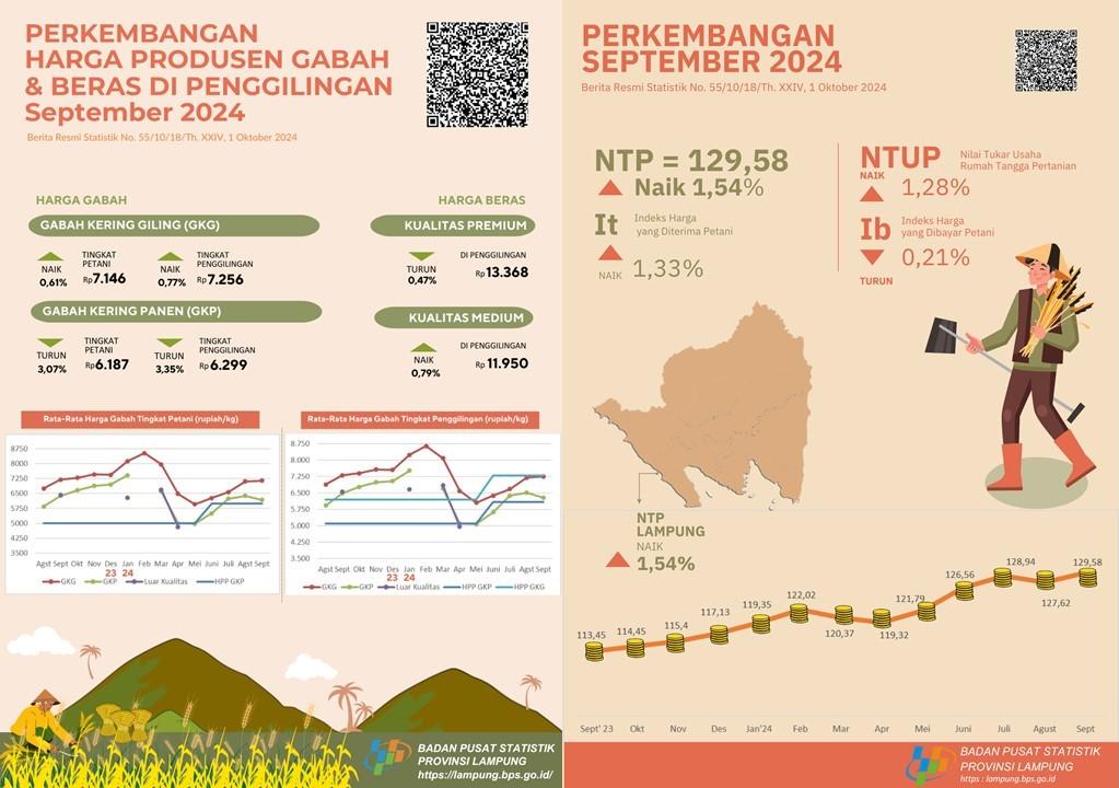 Lampung Province's NTP in September 2024 was 129,58 or an increase of 1,54 percent GKP prices at farmer level decrease 3,07 percent and premium rice prices at mills decrease 0,47 percent